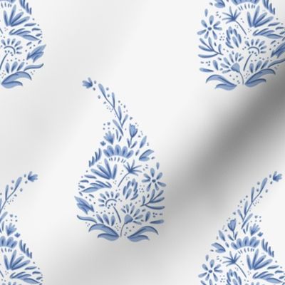 delicate floral paisley teardrop block print // delft blue on white