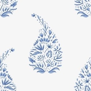 delicate floral paisley teardrop block print // delft blue on white