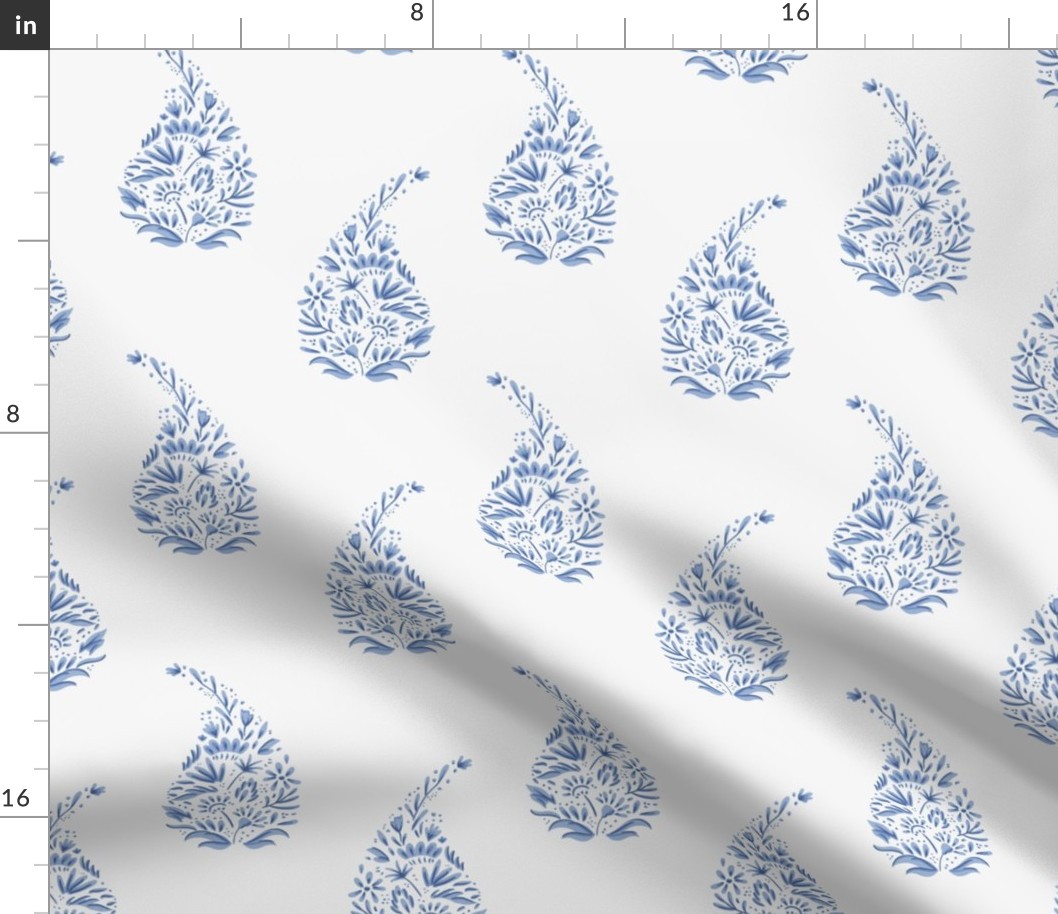 delicate floral paisley teardrop block print // delft blue on white