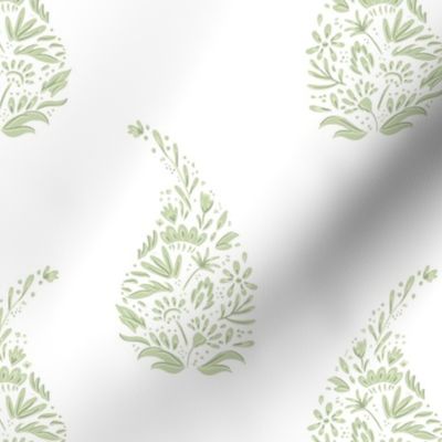 delicate floral paisley teardrop block print // sage green on white