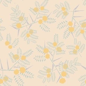 Hand drawn Acacia leaves, flowers and thorns on yellow background