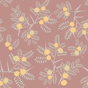 Hand drawn Acacia leaves, flowers and thorns on mauve pink background