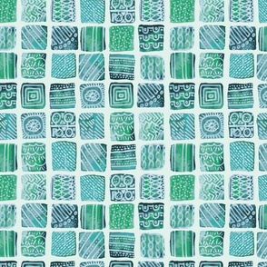 Tribal Echoes: Green Watercolor Squares with White Detail (large)