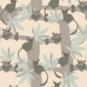 Nocturnal Whimsy: Bush Babies in a Tree on beige