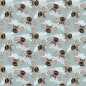 Scattered Hand-Drawn Bees on a Muted Teal Background