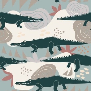 Playful Safari: Natural Crocodile Pattern on blue