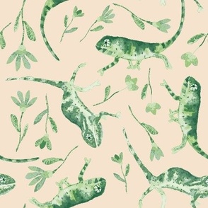 Hand-Drawn Chameleons and Flowers in Green and Beige