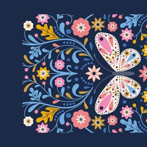 Tea Towel Folksy Butterfly Navy