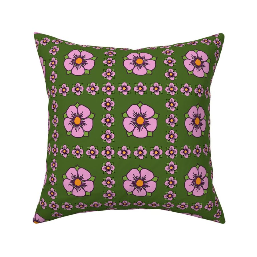 Squares of Large Stylized Pink Flowers Surrounded by Smaller Pink Flowers. Repeat of 4.5 Inches