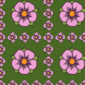 Squares of Large Stylized Pink Flowers Surrounded by Smaller Pink Flowers. Repeat of 4.5 Inches