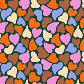 Cute minimal valentine hearts in pink, orange, blue, beige and brown on dark green - Small scale