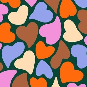 Cute minimal valentine hearts in pink, orange, blue, beige and brown on dark green - Medium scale