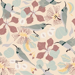 South African Floral  and Sunbird Pattern in peach