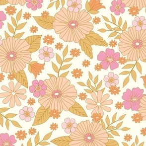 Retro Vintage Groovy Floral Flowers-Pink peach gold