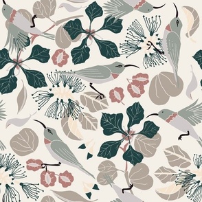 South African Floral  and Sunbird Pattern in neutral colors