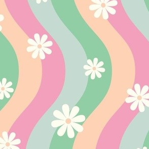 Groovy Retro Wavy Stripes Psychedelic Daisies-pink peach green