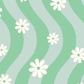 Groovy Retro Wavy Stripes Psychedelic Daisies-green turquoise