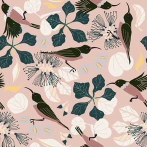 South African Floral  and Sunbird Pattern in pink