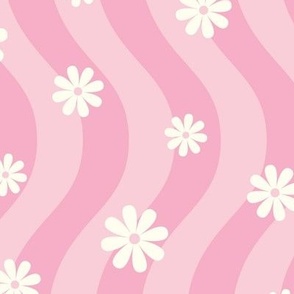 Groovy Retro Wavy Stripes Psychedelic Daisies-pink