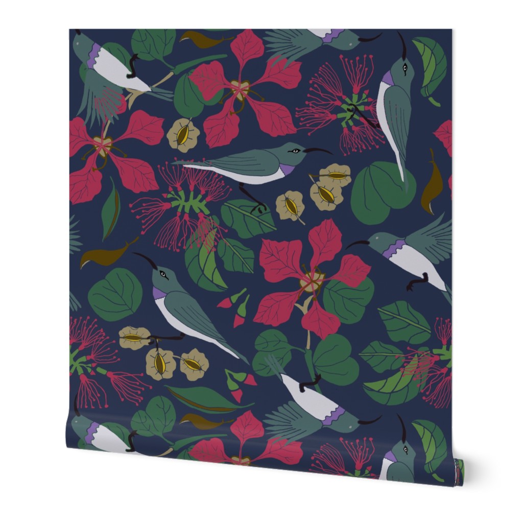 South African Floral  and Sunbird Pattern in green and navy