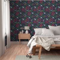 South African Floral  and Sunbird Pattern in green and navy