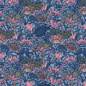 Whimsical jacobean floral print pink/ blue (small)