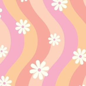 Groovy Retro Wavy Stripes Psychedelic Daisies-Pink orange 