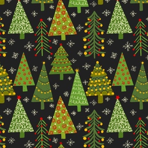 (M) Decorative Christmas trees on black background 