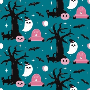 Ghostly Halloween Graveyard Scene with a Black Cat, Bats, and Spooky Moon