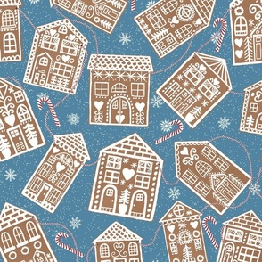 Christmas Gingerbread Cookie Houses Garland with Peppermint Candy Canes on Blue