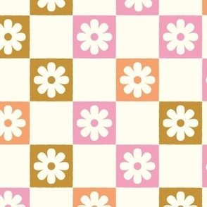 Checkerboard Daisies Orange Pink Brown