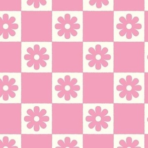 Checkerboard Daisies Hot Pink Magenta