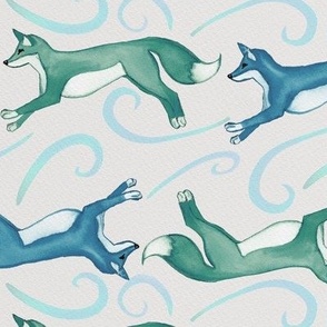 Frolicking Foxes - Frost blue green fox running