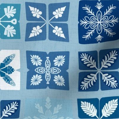 Checkerboard Snowflakes - Blue + White (Medium)