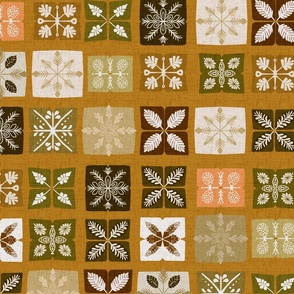 Checkerboard Snowflakes - Brown+Cream + Green+ Orange (Medium)