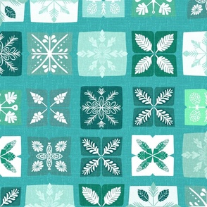 Checkerboard Snowflakes - Turquoise + White (Medium)