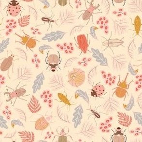Beetle Forage // Small Peach Cream Gold Light Blue Beetles and leaves for kids bedroom, girls wallpaper, nature projects
