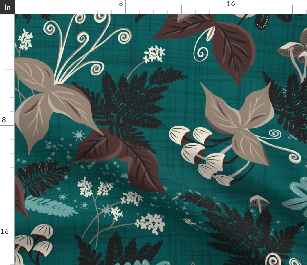 Magic Forest - Woodland Ferns and Mushrooms Teal Large