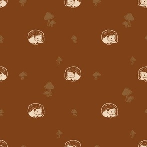 Large | Hedgehogs and Mushrooms on Rust Brown