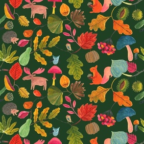 Autumn Woodland animals green -  large