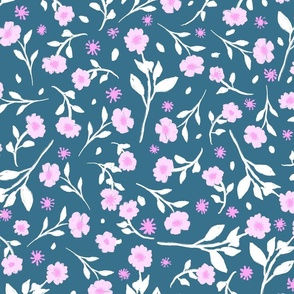 Pink ditsy flowers on the blue background 