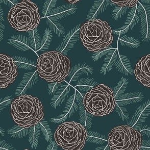 Hand-drawn Vintage Pine Cones dark green & brown