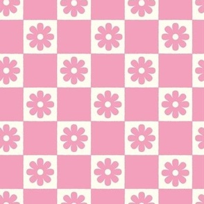 Checkerboard Daisies hot pink and cream small scale