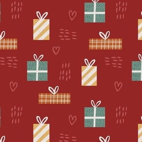 Colorful Christmas Gifts / Birthday Presents with Hearts  in Crimson