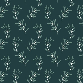 Vintage Holiday Mistletoe / Christmas Floral with white Berries in sage & dark green 
