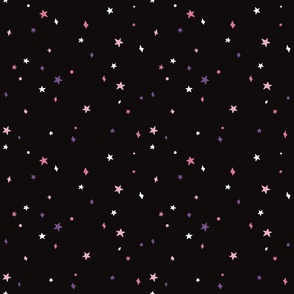 Pink, Purple, and White Stars and Diamonds in a Black Sky