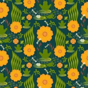 Bullfrog / frog / folk floral / dark green