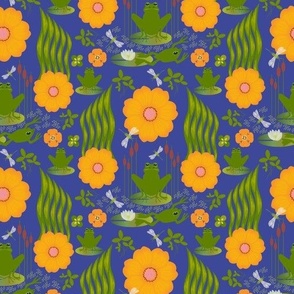 Bullfrog / frog / folk floral / bright blue