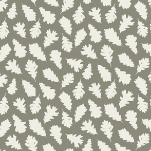 Tossed Oak Leaf Silhouette in Antique Pewter and White Dove 