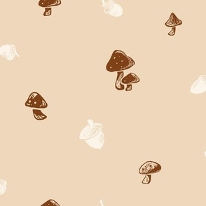 Large |  Mushrooms and Acorns Block Print on Khaki